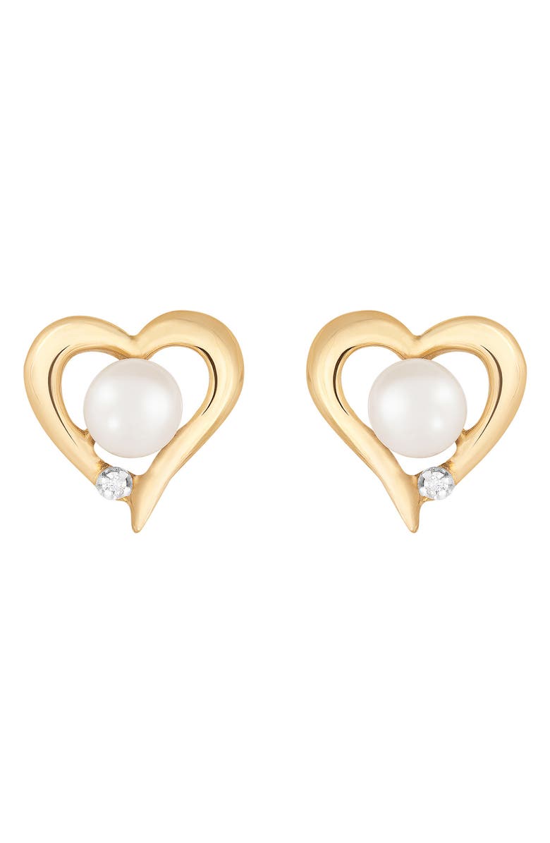 SPLENDID PEARLS 14K Gold Open Heart 6-7mm Cultured Pearl & Diamond Stud Earrings - 0.02 ctw, Main, color, 