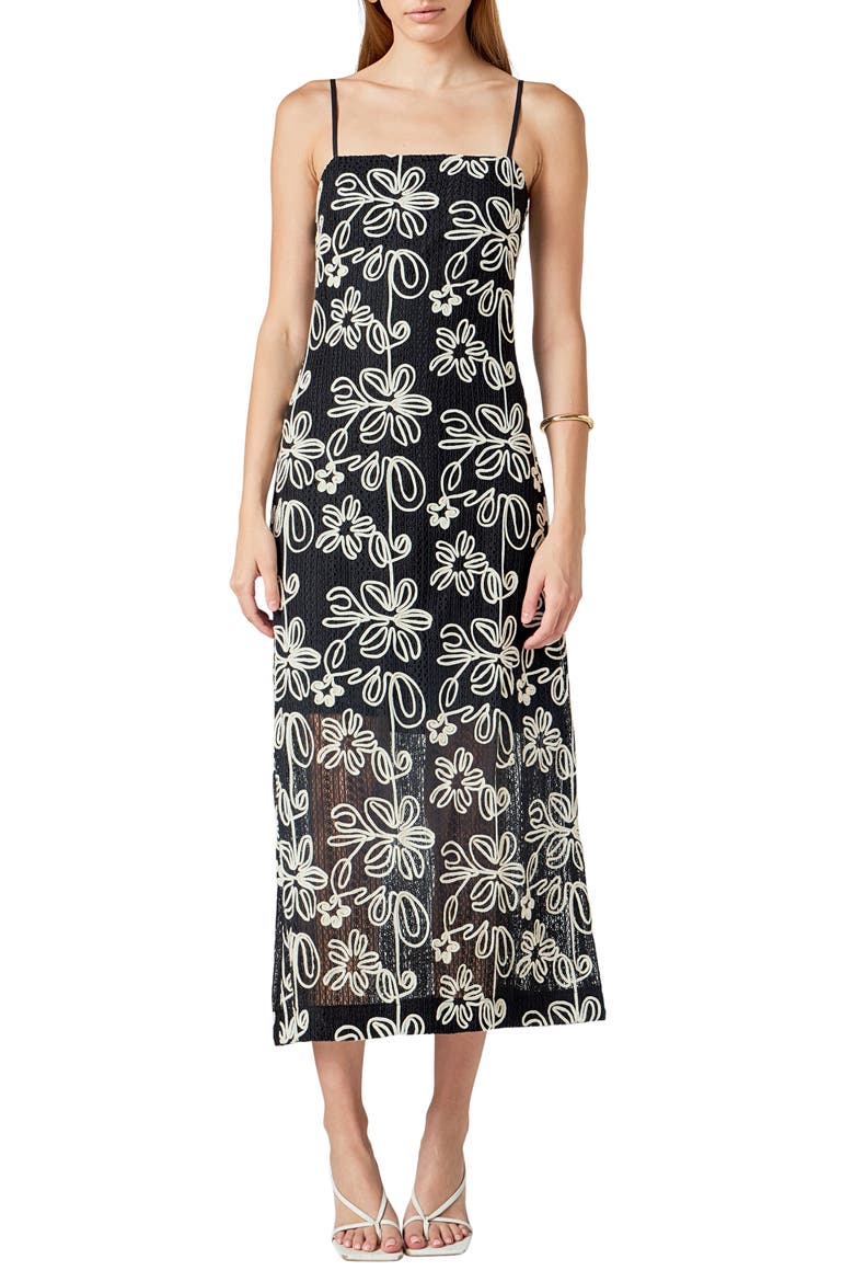 Embroidered Floral Open Stitch Dress, Main, color, BLACK/ CREAM