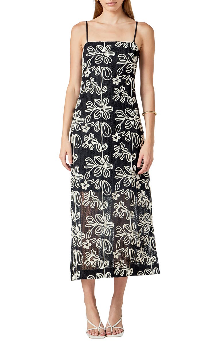 Endless Rose Embroidered Floral Open Stitch Dress, Main, color, Black/ Cream