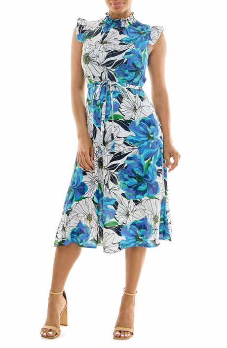 Nina Leonard Smocked Neck Tie Waist Midi Dress