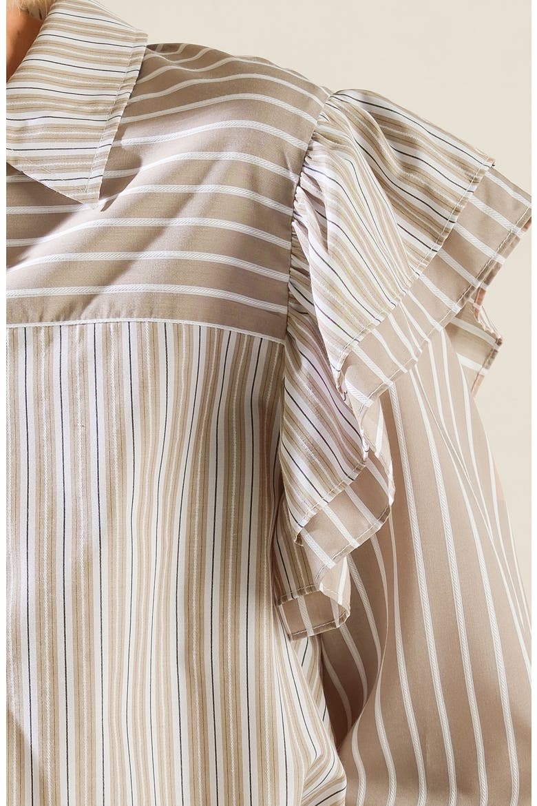 Striped Ruffle Shoulder Button-Front Shirt, Alternate, color, TAUPE