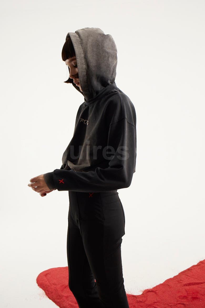 Cotton Acid Washed Crop Hoodie, Alternate, color, BLACK