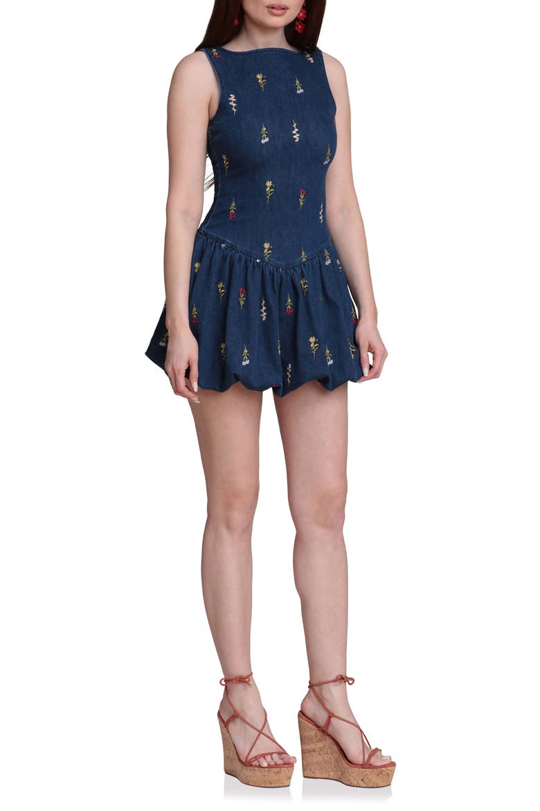 Embroidered Bubble Hem Denim Minidress, Alternate, color, MONARCH BOTANICAL