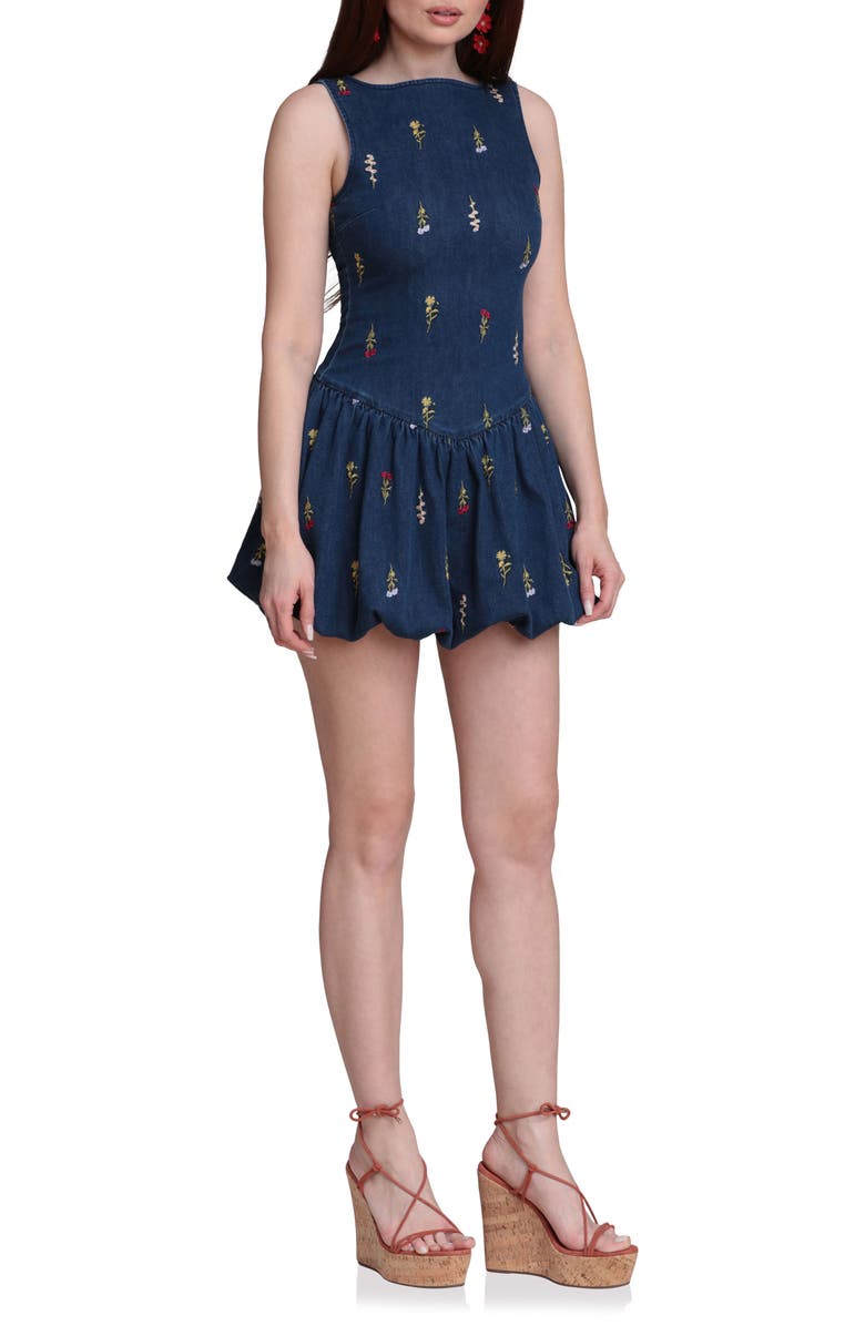 Avec Les Filles Embroidered Bubble Hem Denim Minidress, Alternate, color, Monarch Botanical