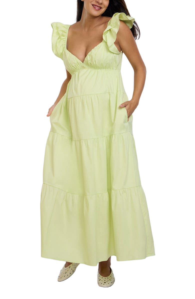 MOTHERHOOD MATERNITY Ruffle Sleeve Tie-Back Maternity Maxi Dress, Main, color, Soft Lime
