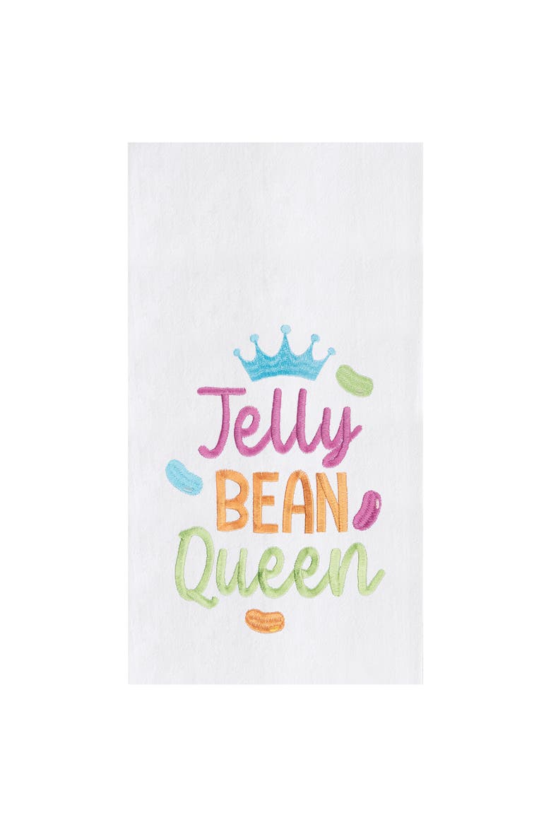 "Jelly Bean Queen" Easter Spring Funny Cute Pun Embroidered Cotton Flour Sack Kitchen Dishtowel, Main, color, White