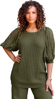 Roaman's Lace Sleeve Sweater