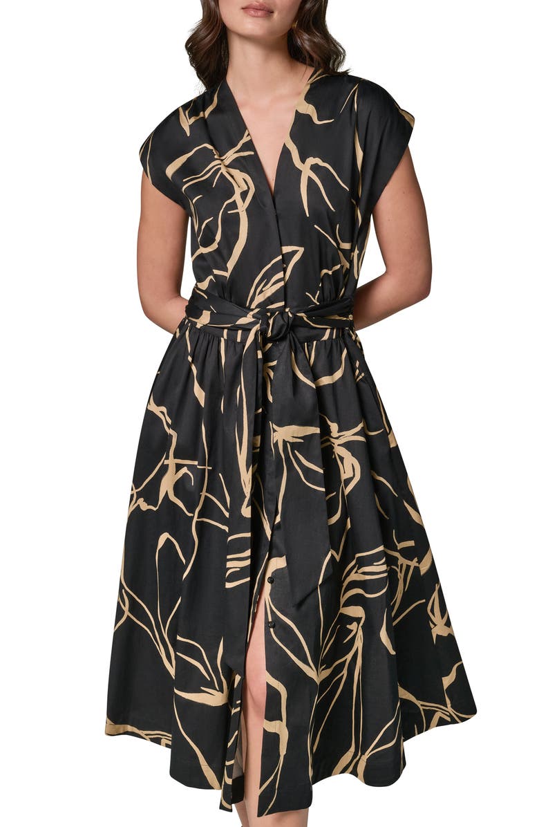 Donna Karan New York Abstract Print Stretch Cotton Midi Dress, Alternate, color, Black/ Fawn