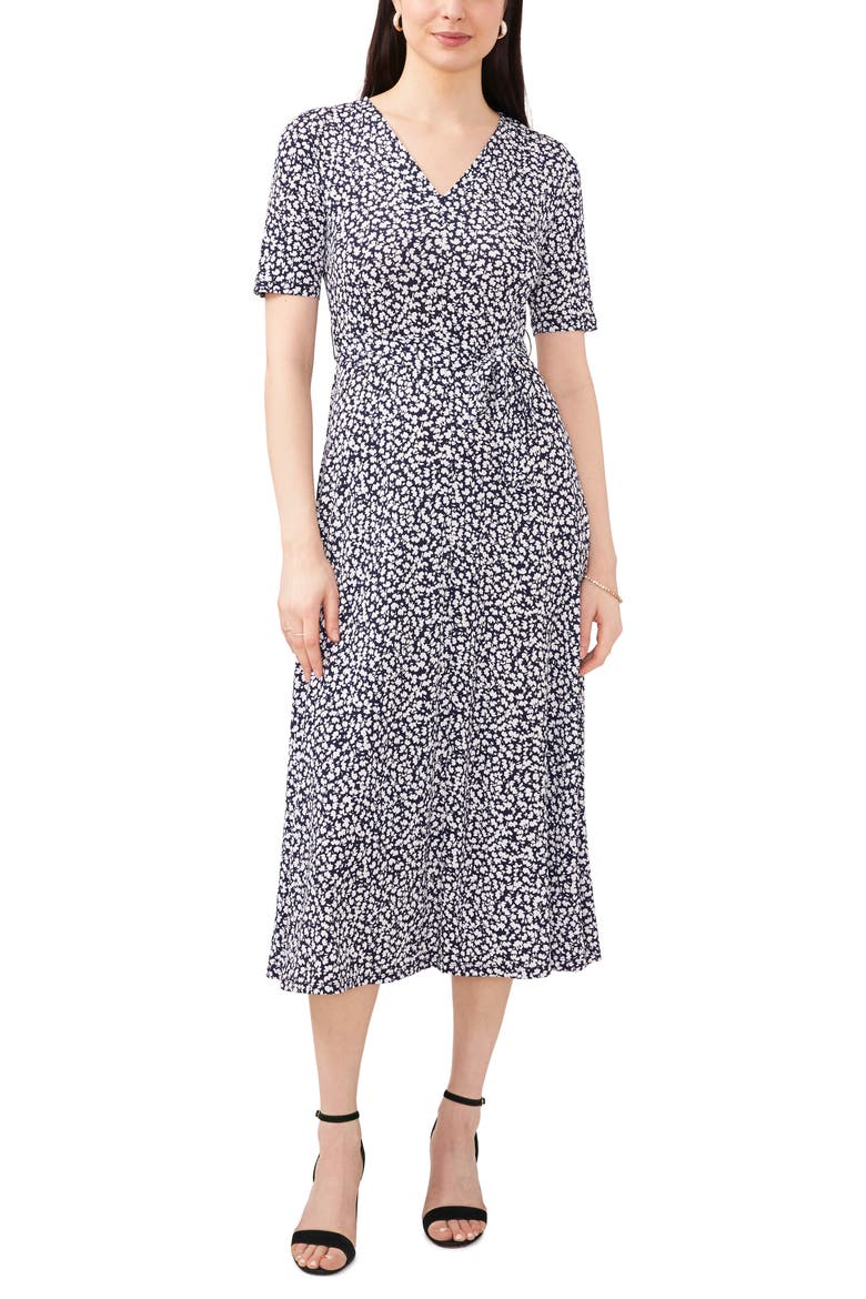 Floral Belted V-Neck Midi Dress, Main, color, NAVY/WHITE