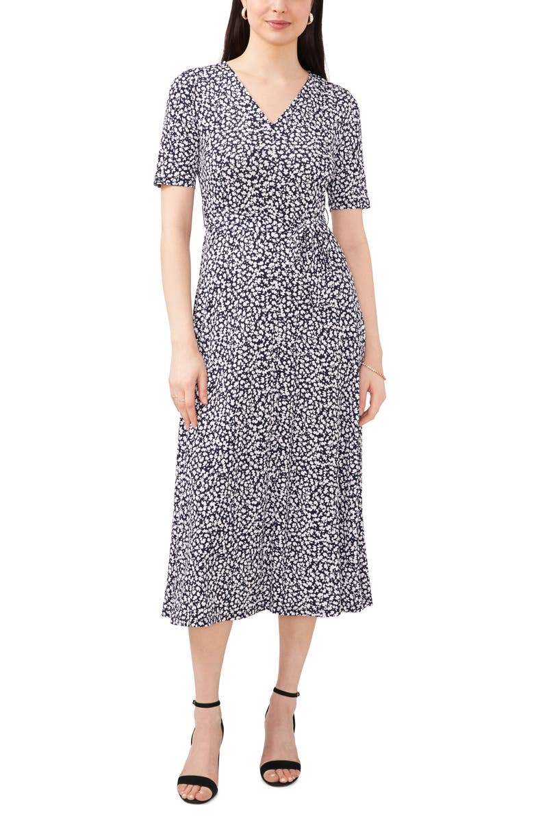 Chaus Floral Belted V-Neck Midi Dress, Main, color, Navy/White 462