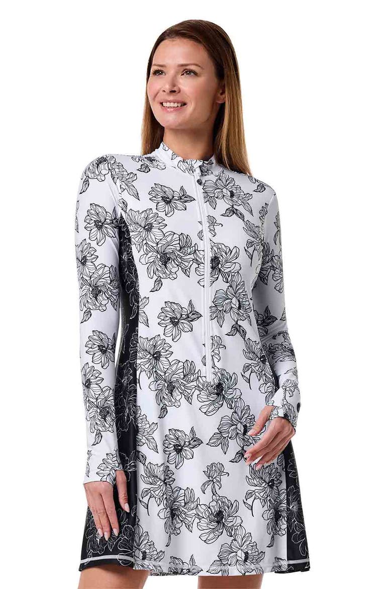 Aspen Sunrise Swim Dress with Long Sleeves, UPF 50+ Sun Protection, Alternate, color, White/Black