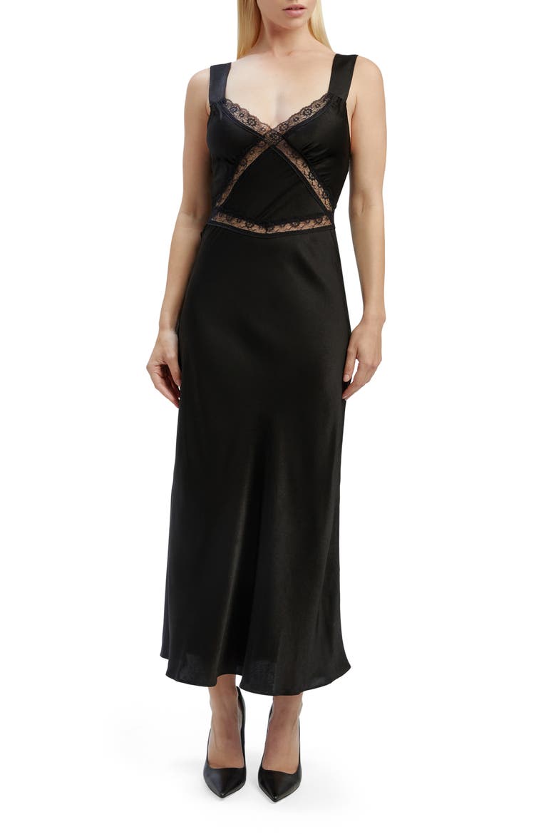 Emory Lace Trim Cutout Satin Midi Slipdress, Main, color, BLACK