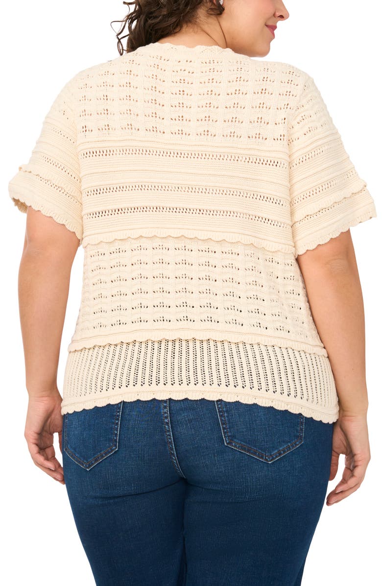 CeCe Multi Stitch Pointelle Knit Cotton Sweater, Alternate, color, White Swan