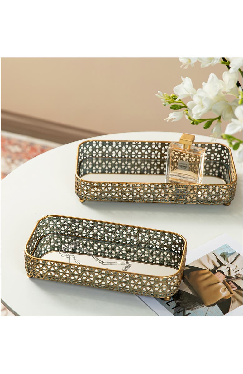 Glitzhome Set of 2 Rectangle Metal Gold Mirrored Decorative Trays, Alternate, color, Gold