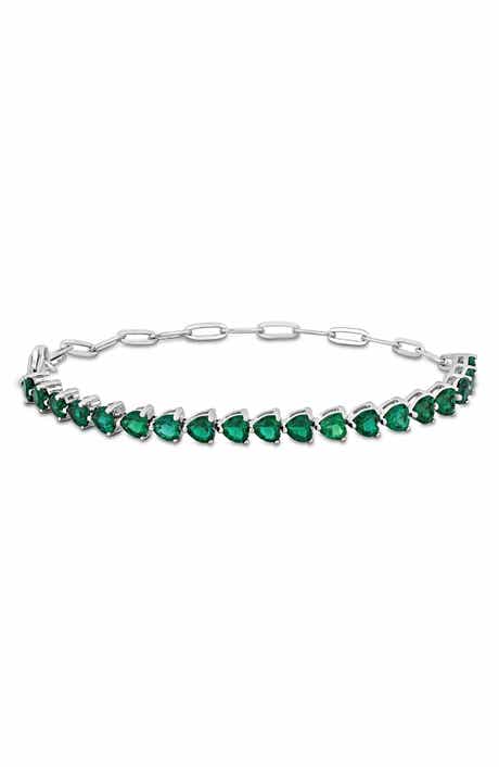 DELMAR Sterling Silver Lab Grown Emerald Heart Tennis Bracelet