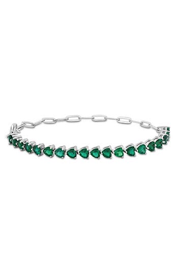 Delmar Sterling Silver Lab Grown Emerald Heart Tennis Bracelet In Green