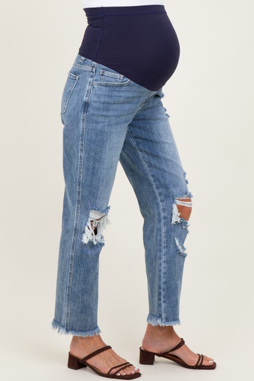 Pinkblush Ripped Knee Fringe Hem Straight Leg Maternity Ankle Jeans In Blue