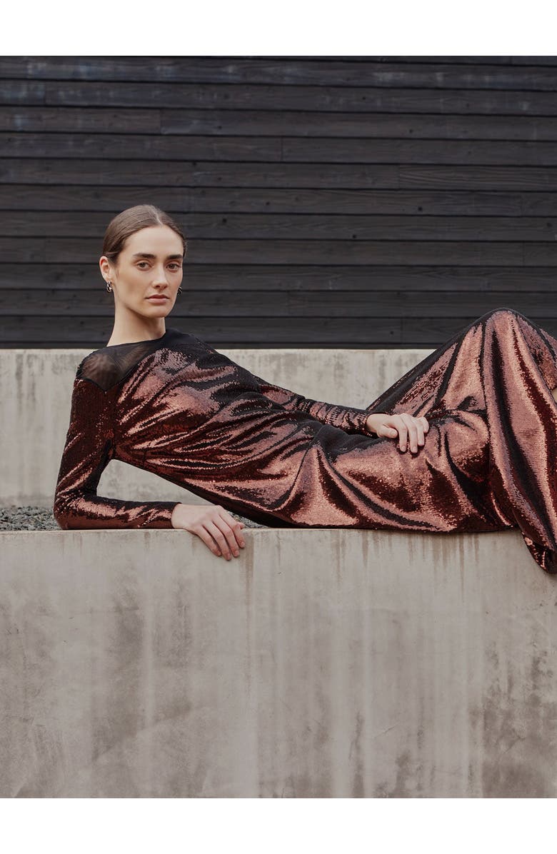 Misook Modern Fit Sheer Shoulder Sequin A-Line Maxi Dress, Alternate, color, Mahogany