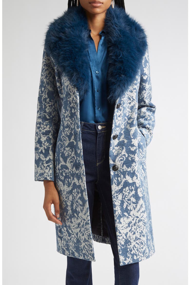 Laney Metallic Faux Fur Collar Coat, Main, color, DK BLUE STONE JACQUARD