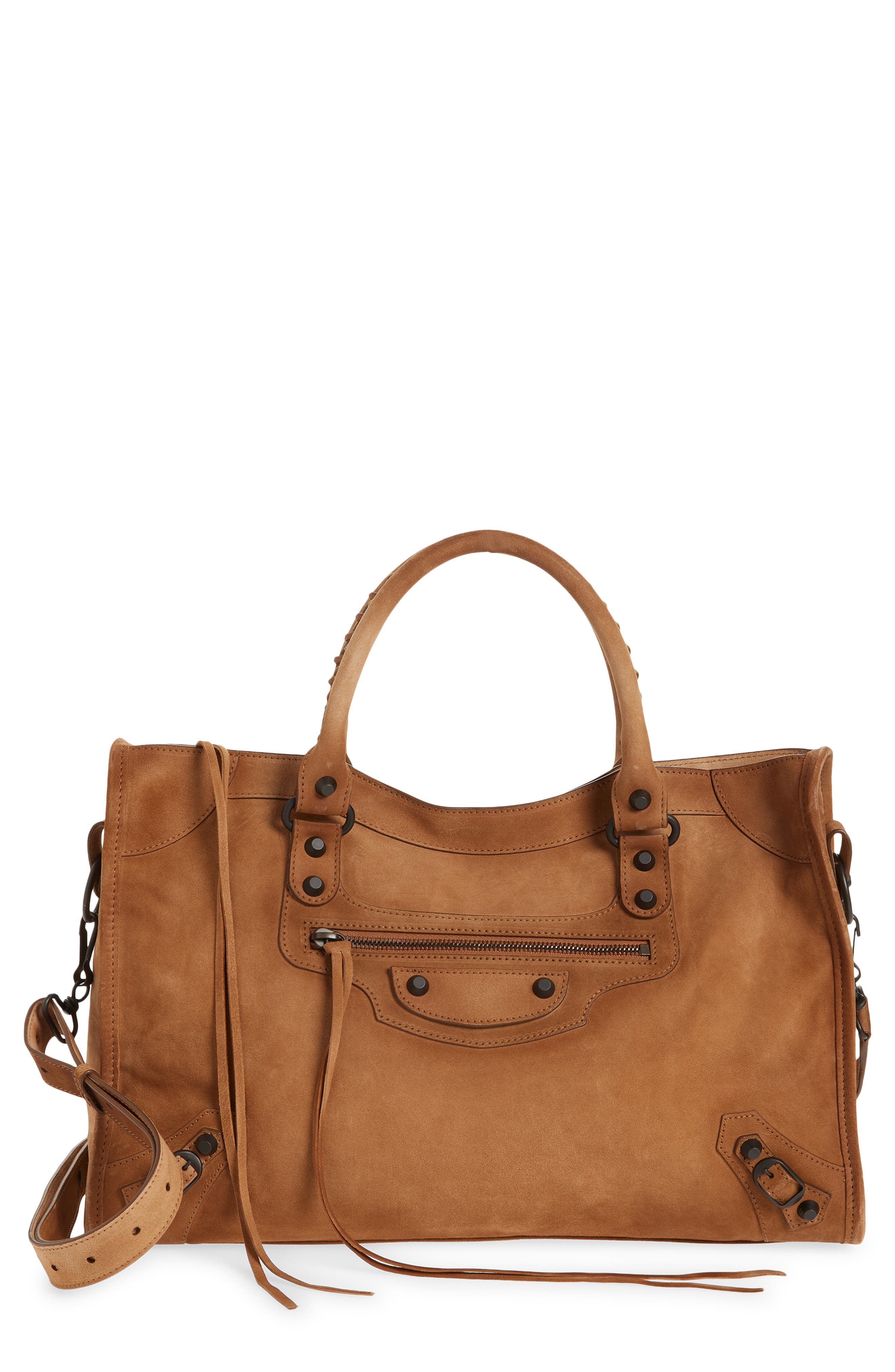 Balenciaga Medium Le City Suede Satchel, Main, color, Camel