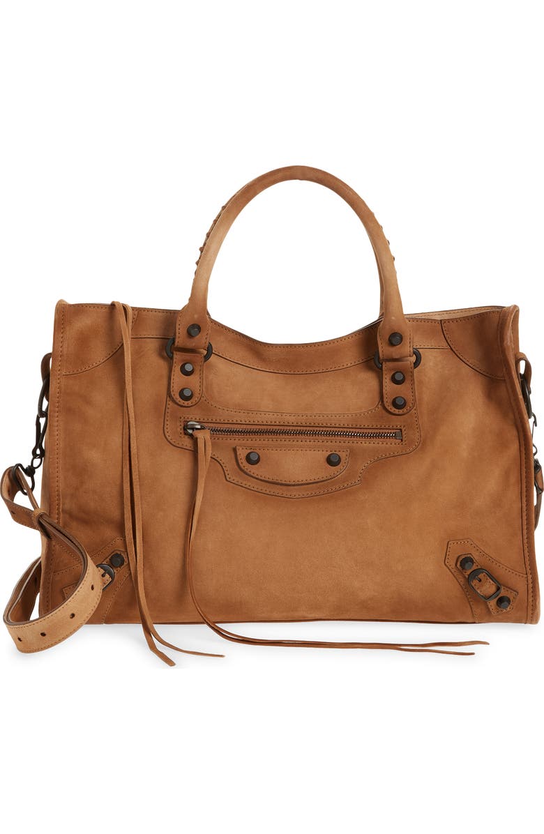 Balenciaga Medium Le City Suede Satchel, Main, color, Camel