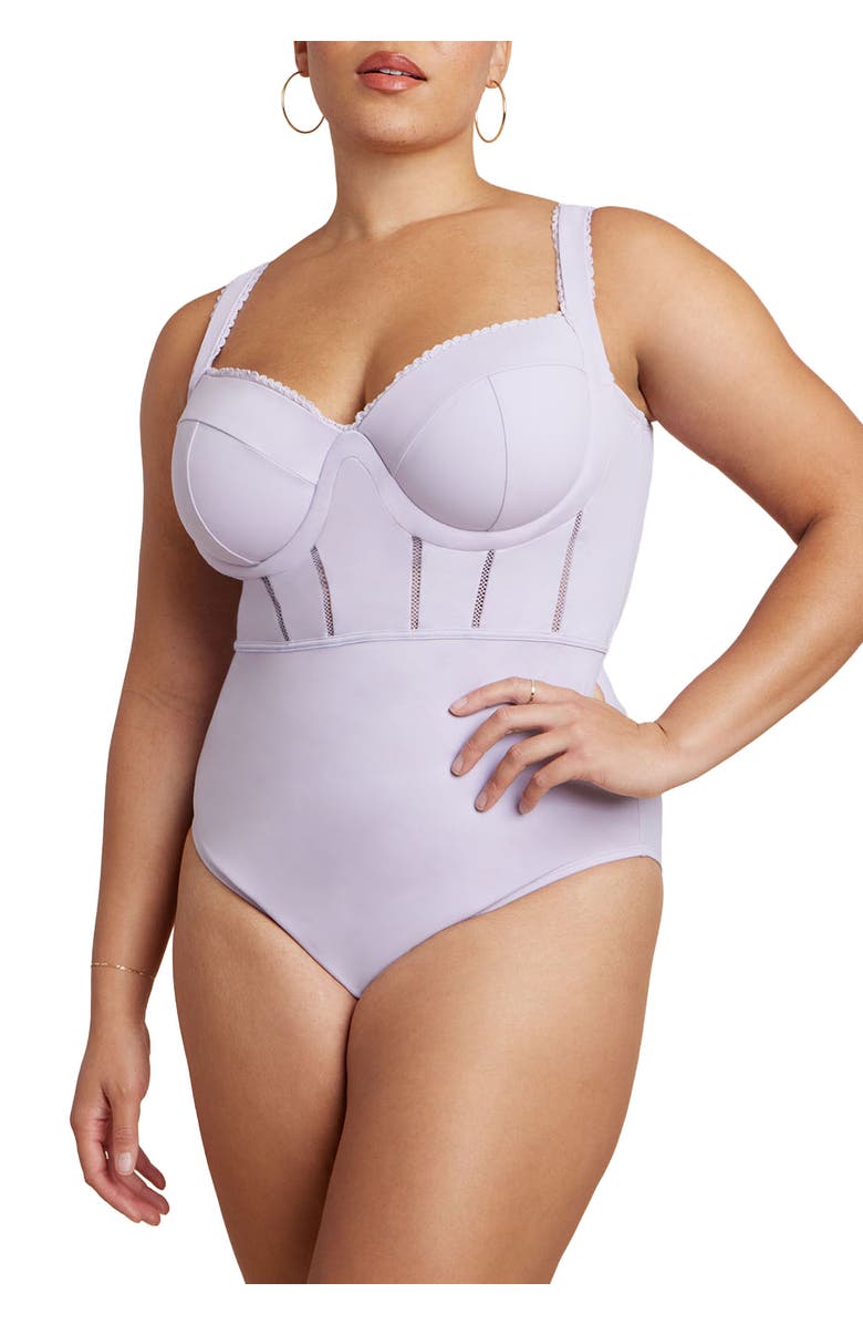 ELOQUII Lace Detail Corset One Piece, Main, color, Thistle