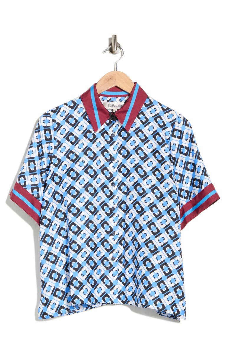 Diane von Furstenberg Alexa Short Sleeve Silk Button-Up Shirt, Main, color, Cane Link Blue