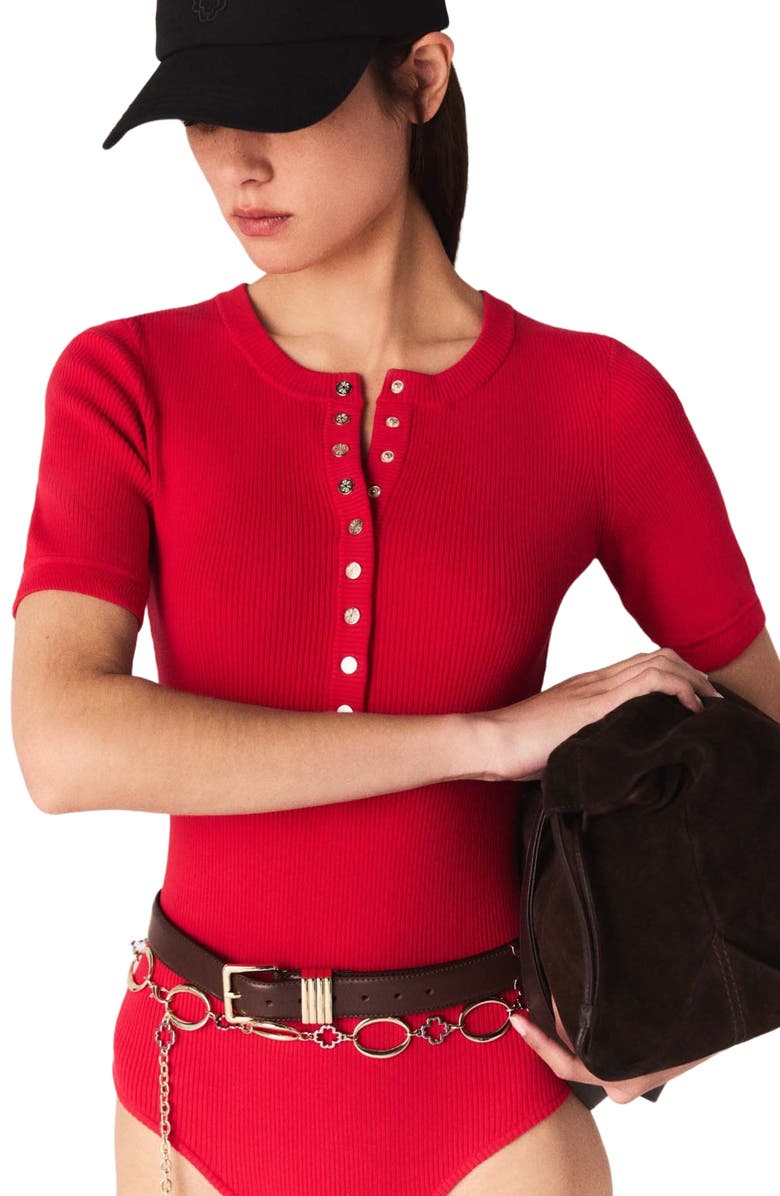 maje Ribbed knit short sleeve bodysuit, Alternate, color, Red