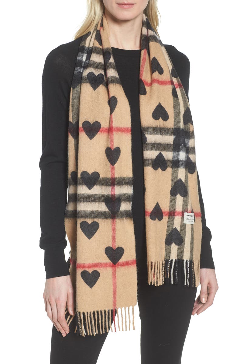Burberry Heart & Giant Check Fringed Cashmere Scarf, Alternate, color, 