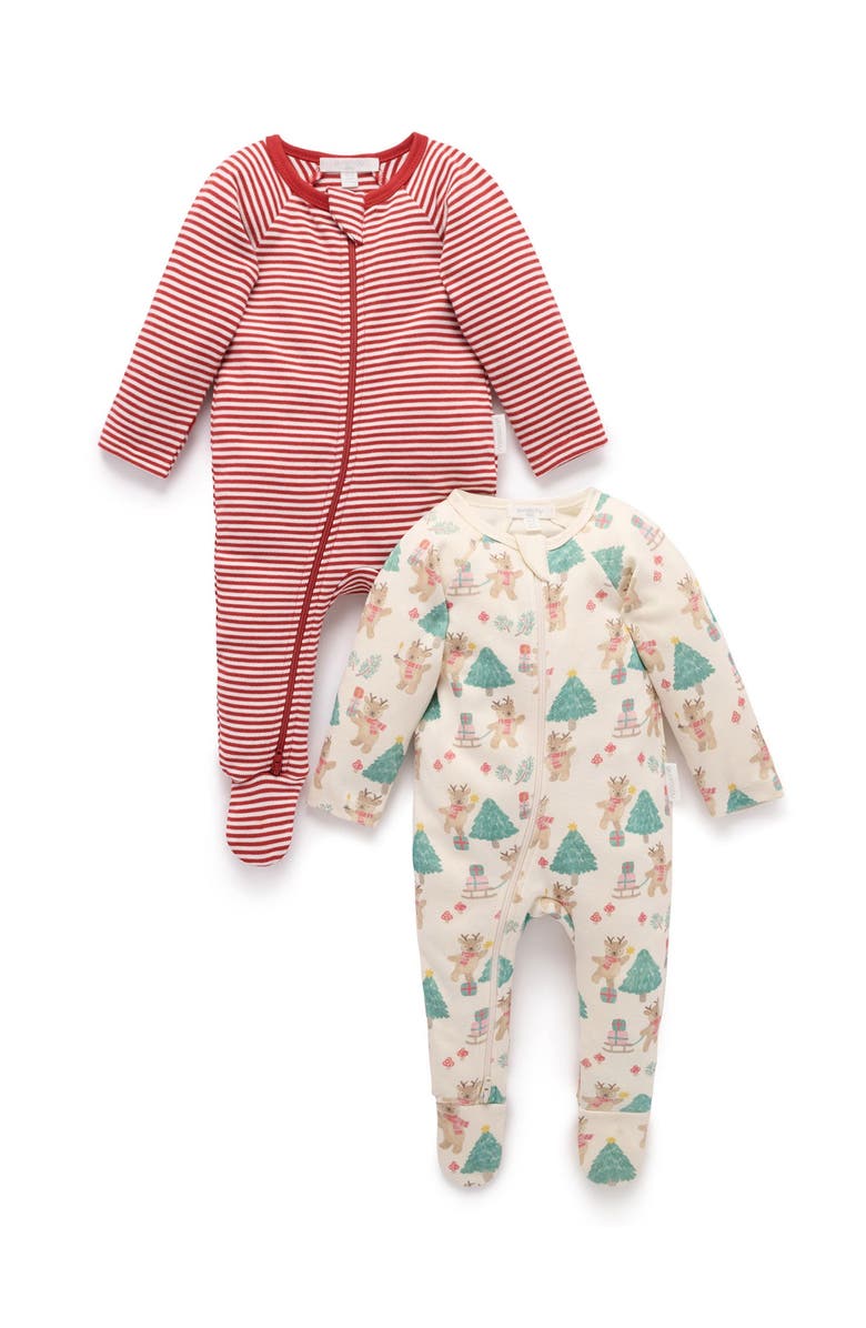 Purebaby 2 Pack Christmas Zip Footie, Main, color, Deer Christmas Print