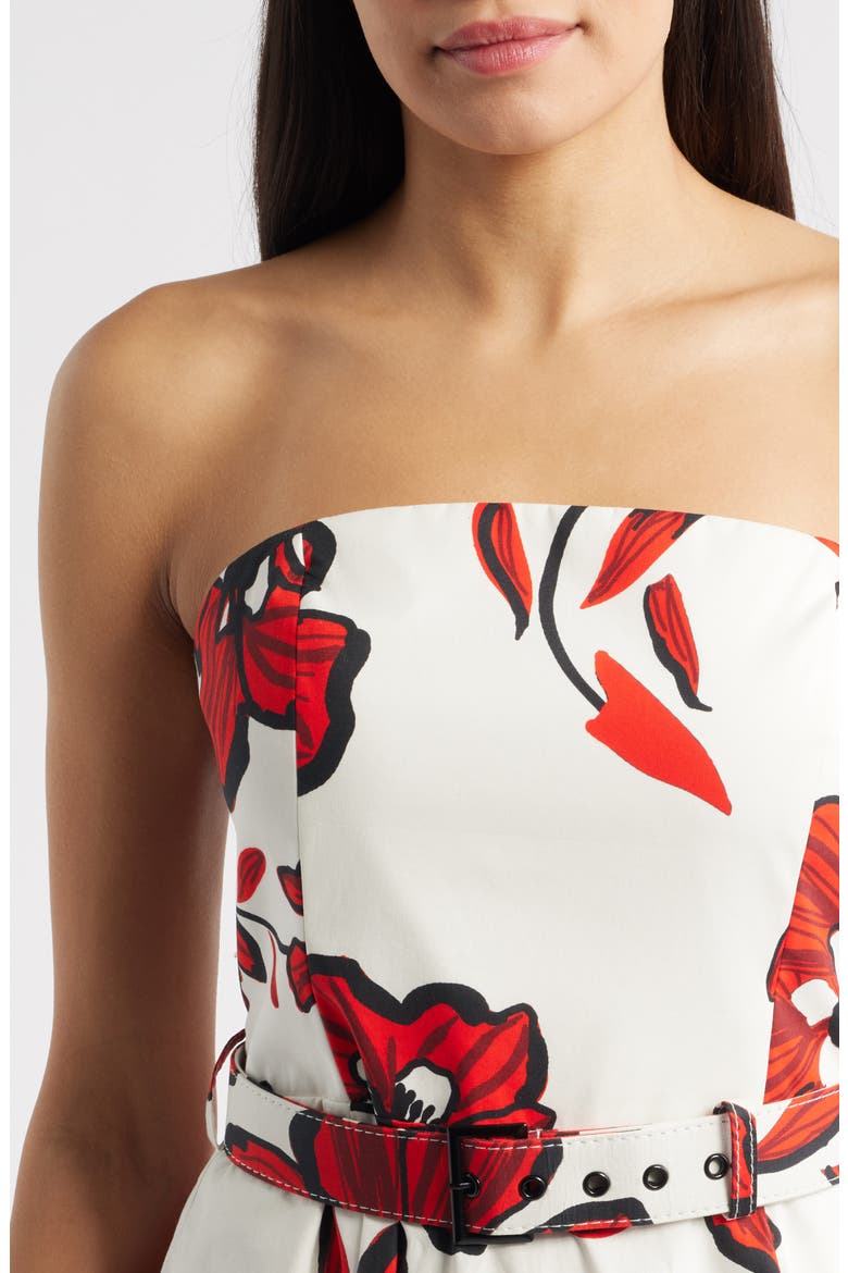 Strapless Belted Stretch Cotton Dress, Alternate, color, RED/ WHITE