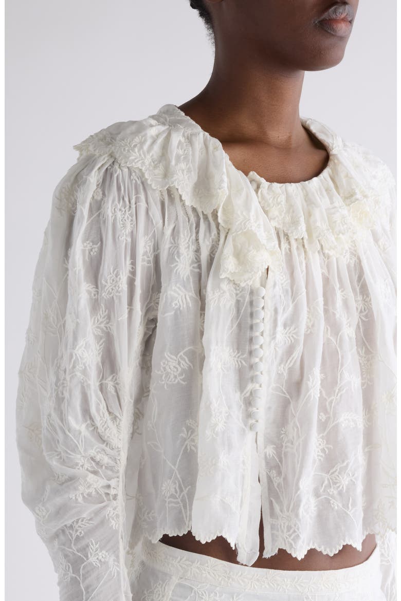 Zelly Embroidered Asymmetric Cotton & Silk Crop Top, Alternate, color, WHITE