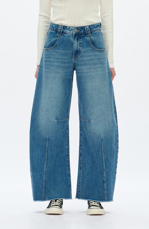 Frayed Mid Rise Drop Crotch Barrel Jeans