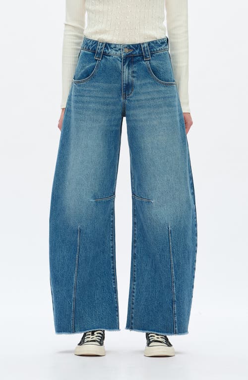 Bayeas Frayed Mid Rise Drop Crotch Barrel Jeans In Blue