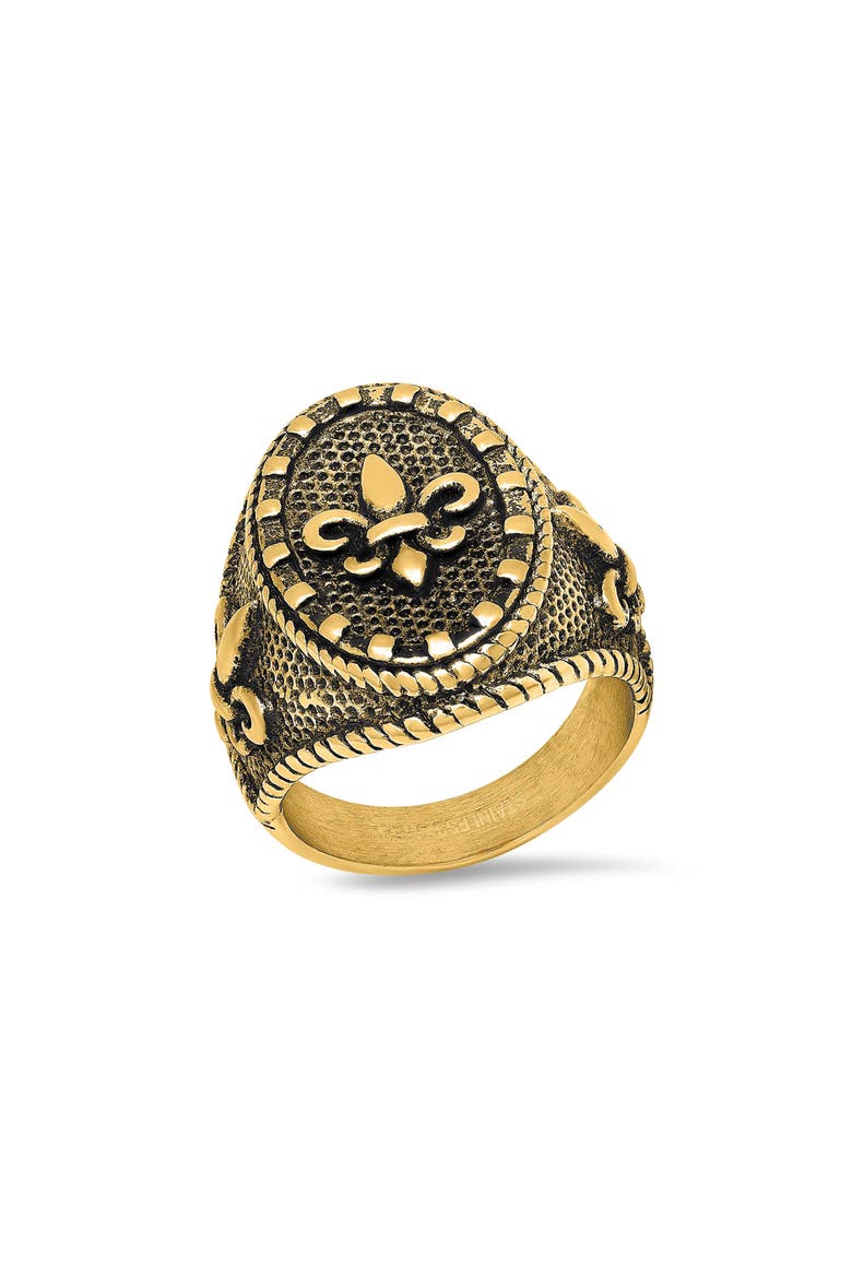 Men's 18K Gold Plated Fleur de Lis Signet Ring, Main, color, GOLD