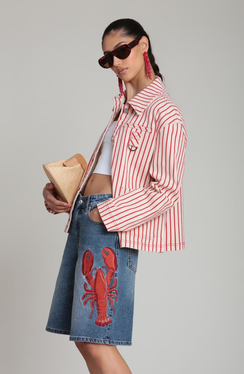 Avec Les Filles Short Stripe Chore Jacket, Alternate, color, Cream-Red Stripe