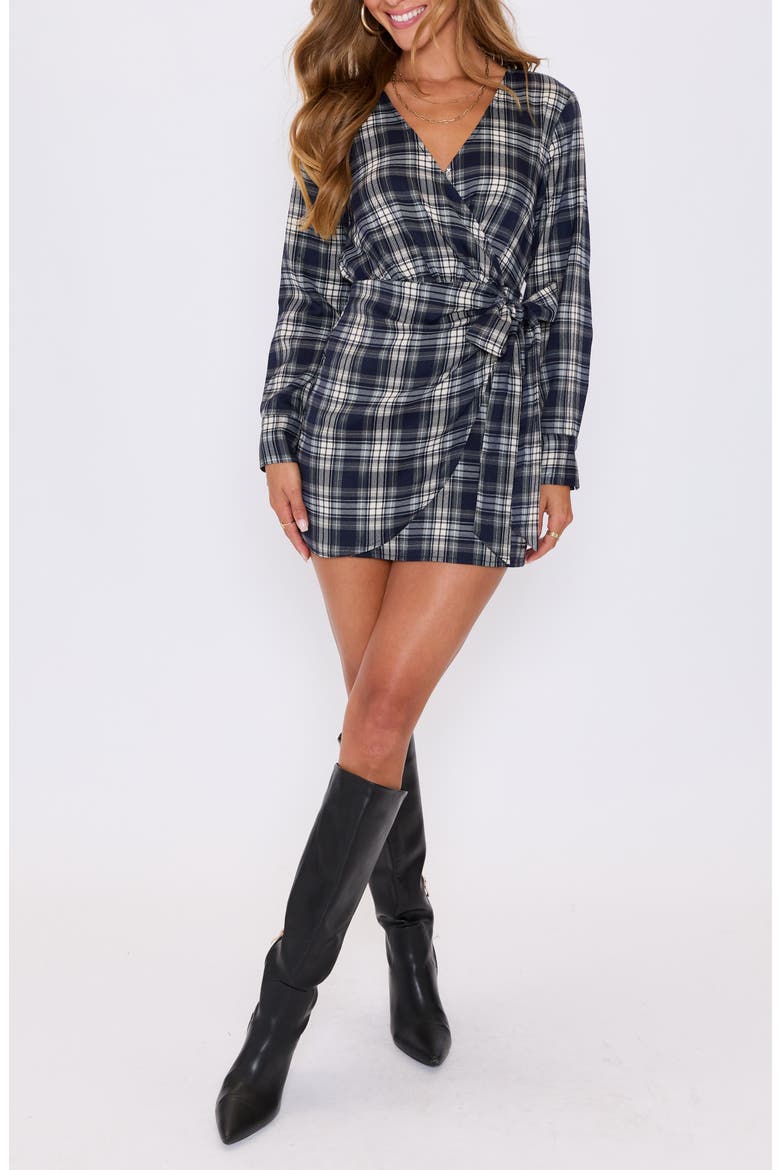 Collette Wrap Front Long Sleeve Mini Shirtdress, Alternate, color, NAVY PLAID