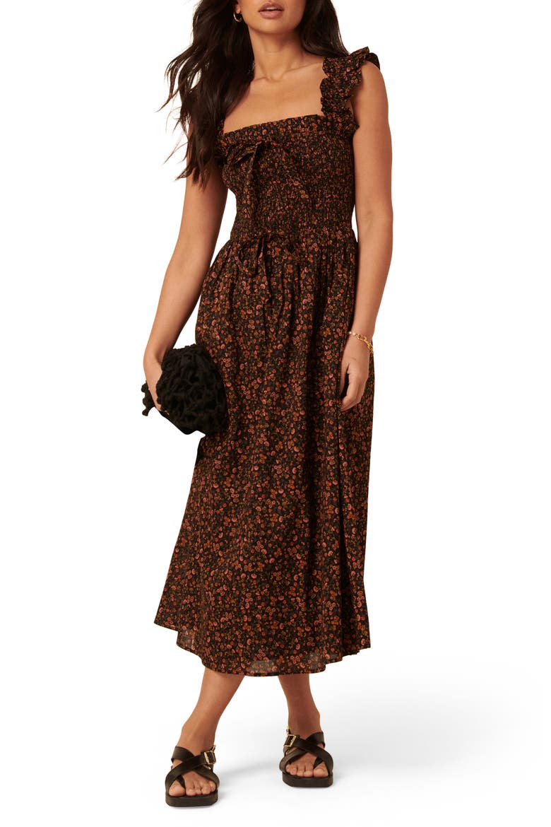 Christina Floral Organic Cotton Midi Sundress, Main, color, BLACK FLORAL MULTI