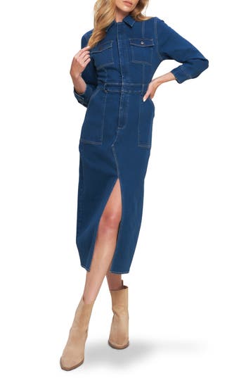 Flying Tomato Denim Midi Shirtdress In Blue