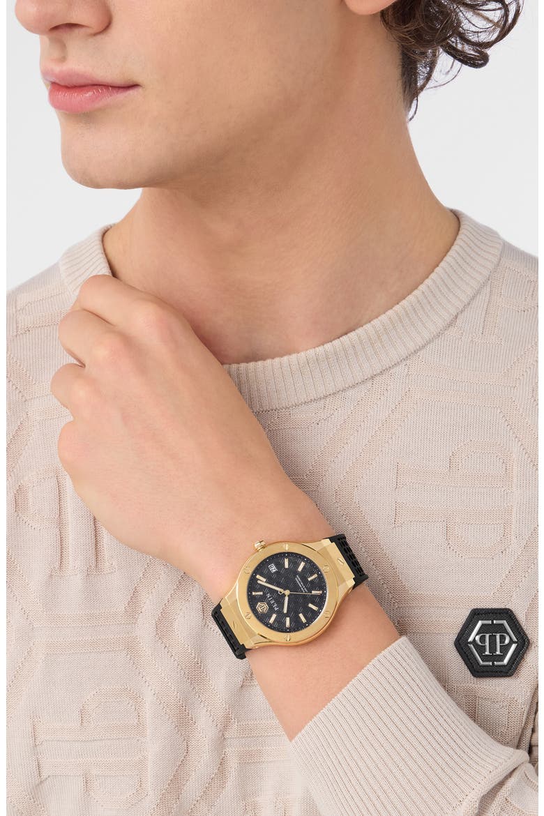Plein Underdog Black Dial Silicone Strap Watch, 44mm, Alternate, color, IP YELLOW GOLD