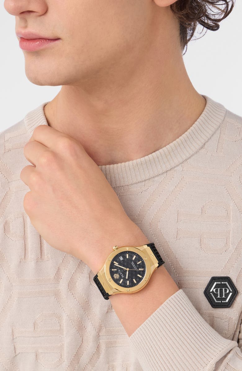 PHILIPP PLEIN Plein Underdog Black Dial Silicone Strap Watch, 44mm, Alternate, color, Ip Yellow Gold
