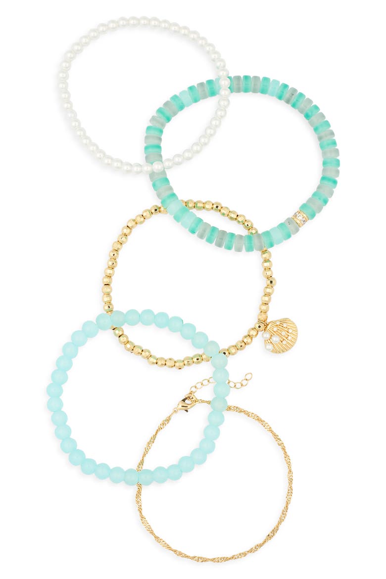 5-Pack Beaded Shell Bracelet Set, Alternate, color, BLUE MULTI- GOLD