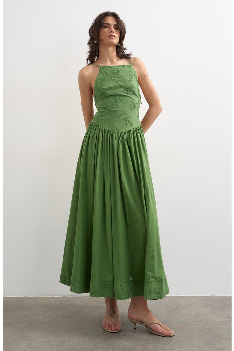 Embroidered Open Back Cotton Maxi Dress, Main, color, MEDIUM GREEN