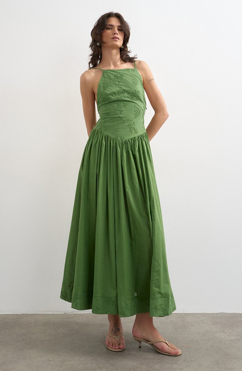 Topshop Embroidered Open Back Cotton Maxi Dress, Main, color, Medium Green