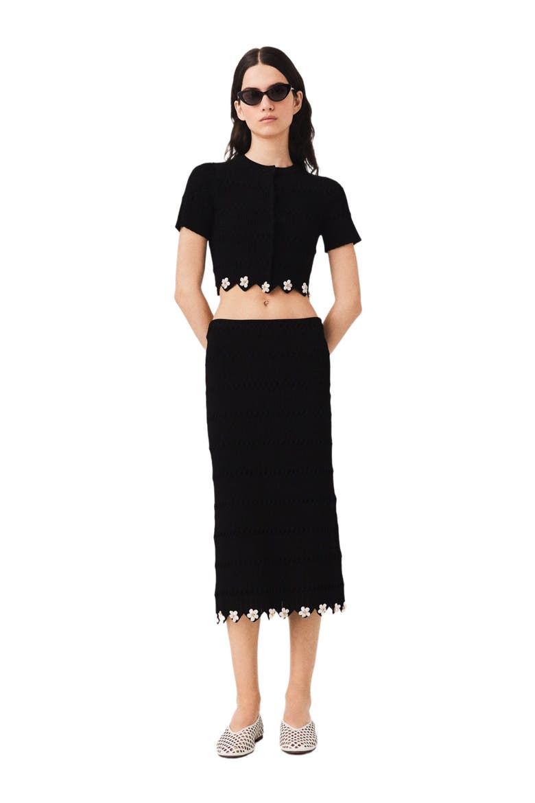 Knit skirt with jewelled flowers, Alternate, color, Black