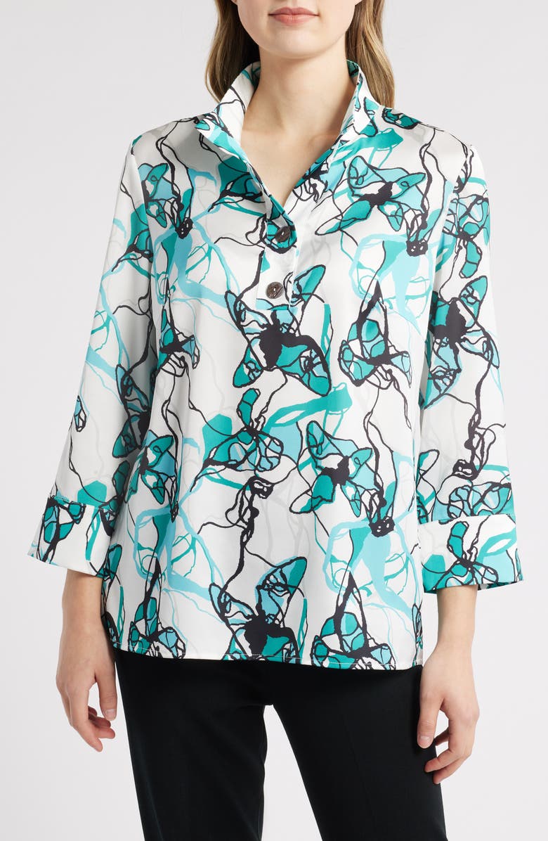 Ming Wang Abstract Print Button-Up Shirt, Main, color, Emerald Awe Multi