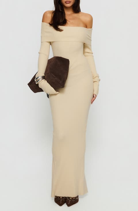 Phylis Off the Shoulder Long Sleeve Rib Maxi Dress