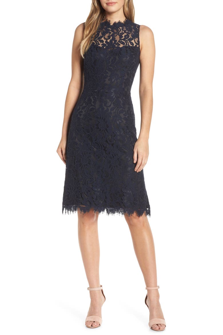 High Neck Lace Sheath Dress, Main, color, NAVY