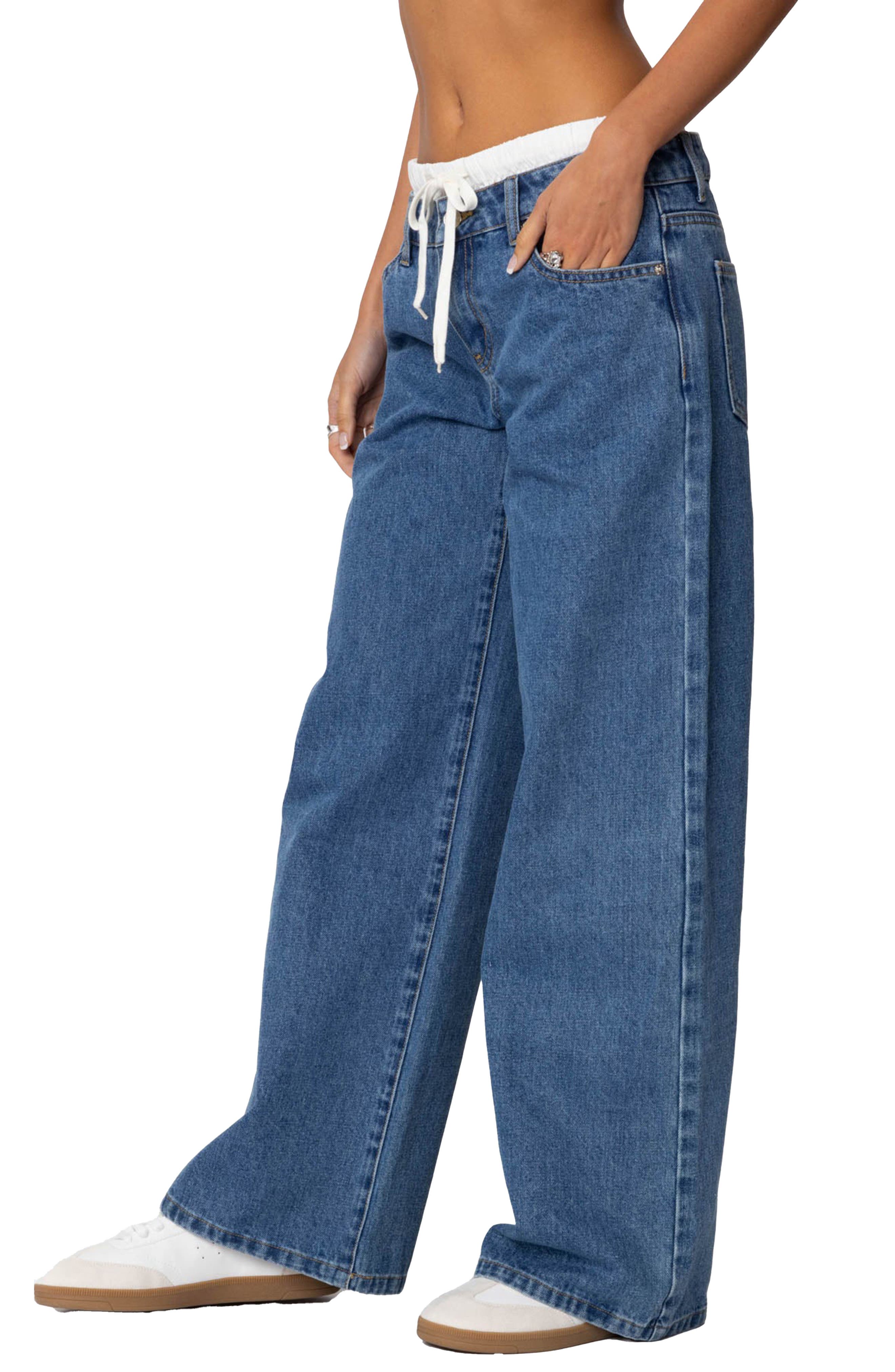 EDIKTED Drawstring Boxer Detail Nonstretch Wide Leg Jeans (Women