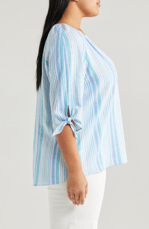 Jones New York Stripe Three Quarter Sleeve Linen Blend V-neck Top In Nyc White/turquoise